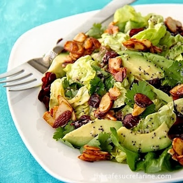 Cranberry and Avocado Salad with Candied Spiced Almonds and Sweet White Balsamic Vinaigrette from Honest Cooking 